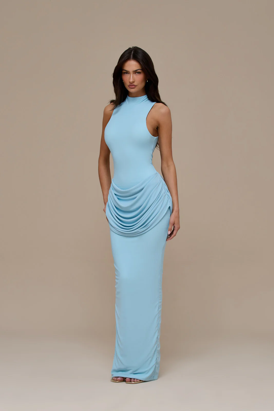 ARI SLEEVELESS MAXI DRESS DRAPED RUCHED WAIST DETAIL | BABY BLUE - Image 11