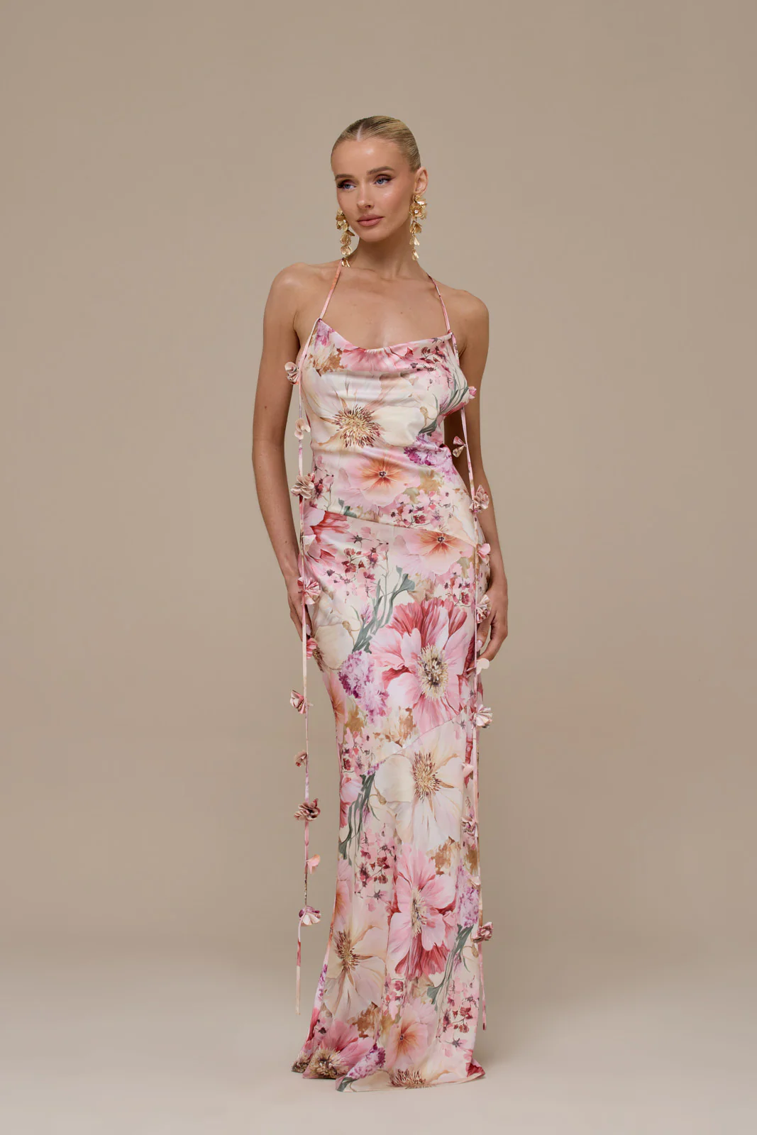 ARIA SATIN COWL NECK  MAXI DRESS WITH FLOWER DETAIL | FLORAL PRINT - Image 10