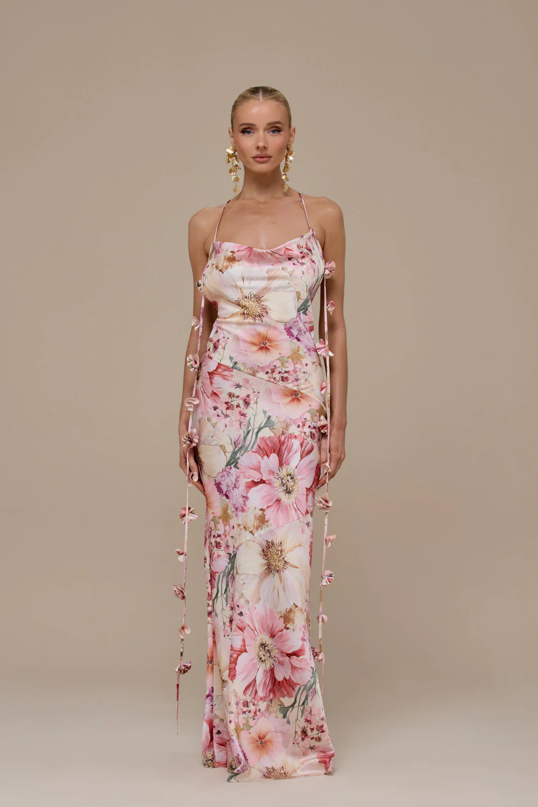 ARIA SATIN COWL NECK  MAXI DRESS WITH FLOWER DETAIL | FLORAL PRINT - Image 11
