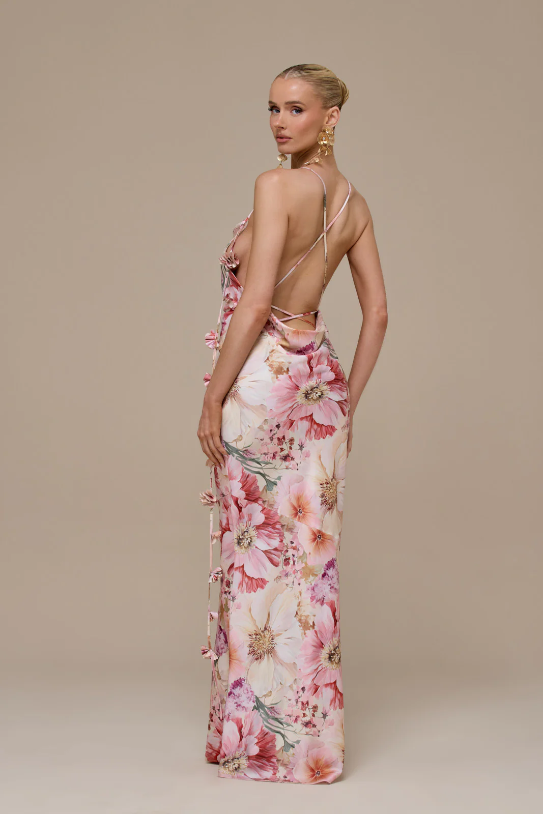 ARIA SATIN COWL NECK  MAXI DRESS WITH FLOWER DETAIL | FLORAL PRINT - Image 12
