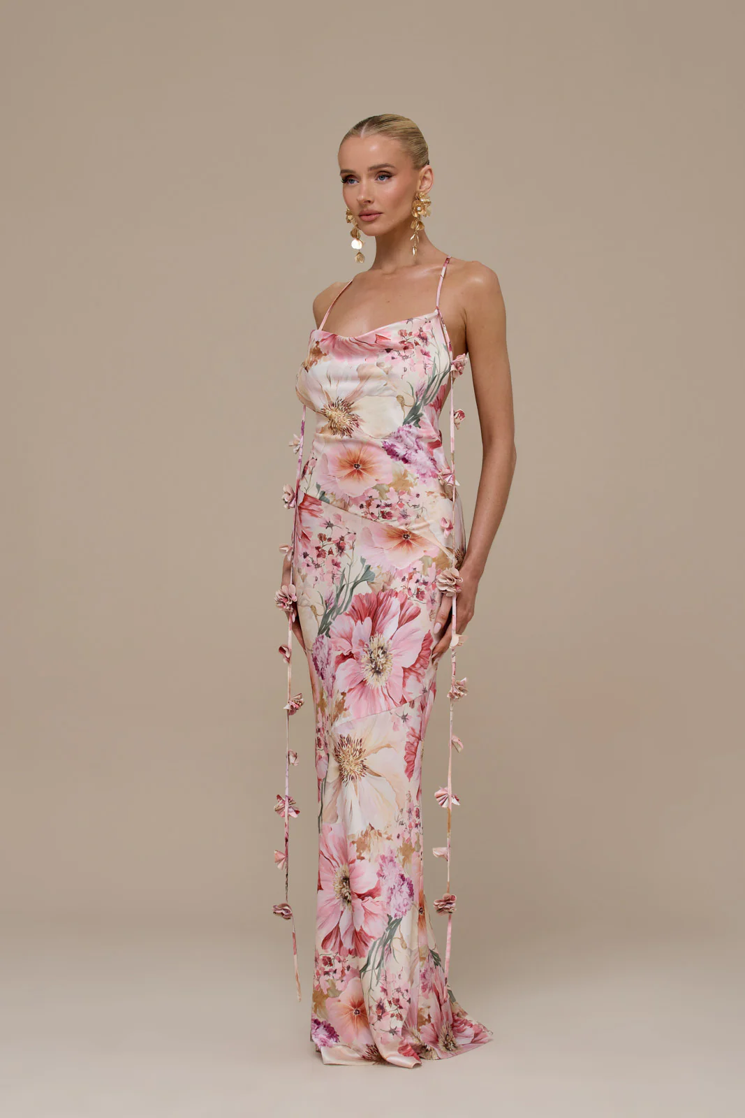 ARIA SATIN COWL NECK  MAXI DRESS WITH FLOWER DETAIL | FLORAL PRINT - Image 13