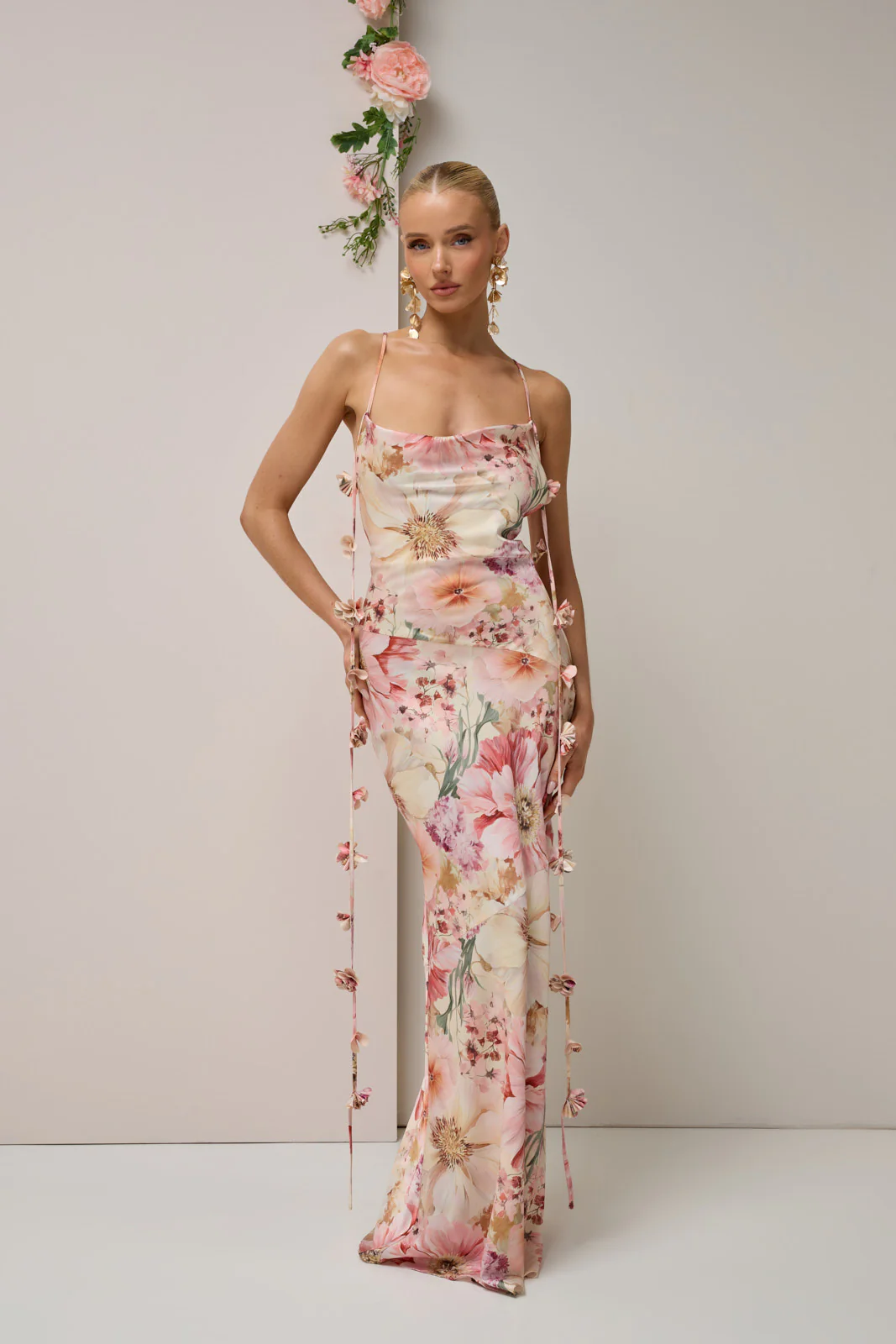 ARIA SATIN COWL NECK  MAXI DRESS WITH FLOWER DETAIL | FLORAL PRINT - Image 3