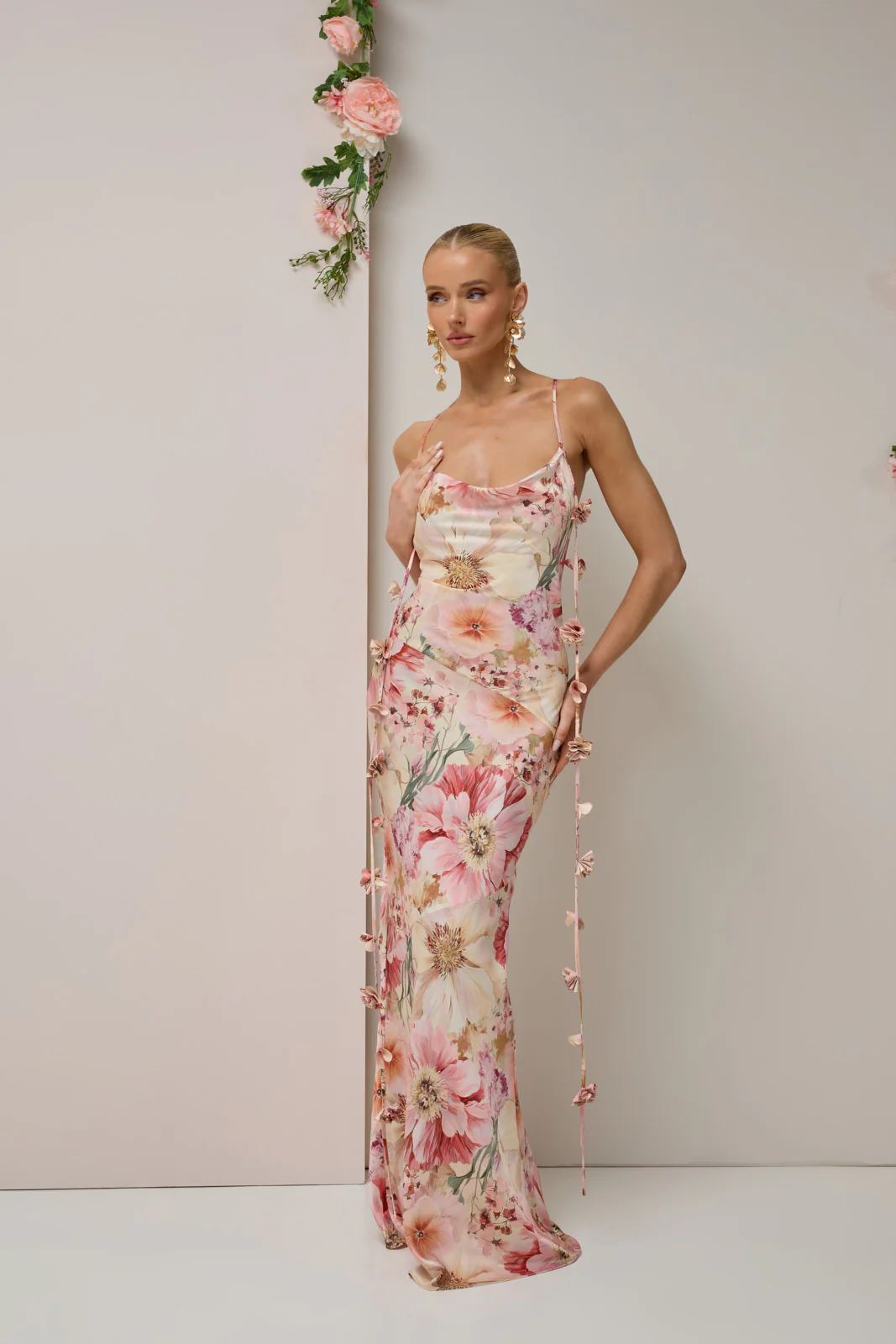 ARIA SATIN COWL NECK  MAXI DRESS WITH FLOWER DETAIL | FLORAL PRINT - Image 5