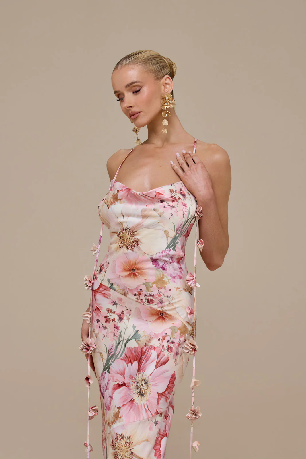 ARIA SATIN COWL NECK  MAXI DRESS WITH FLOWER DETAIL | FLORAL PRINT - Image 6