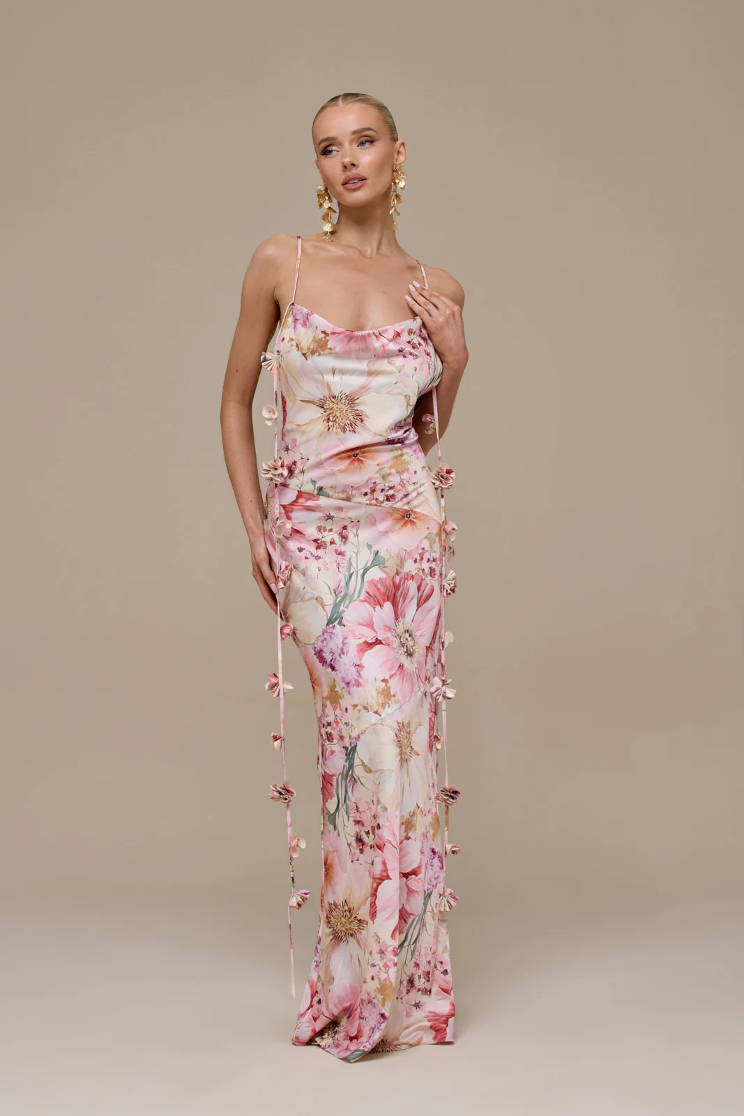 ARIA SATIN COWL NECK  MAXI DRESS WITH FLOWER DETAIL | FLORAL PRINT - Image 8