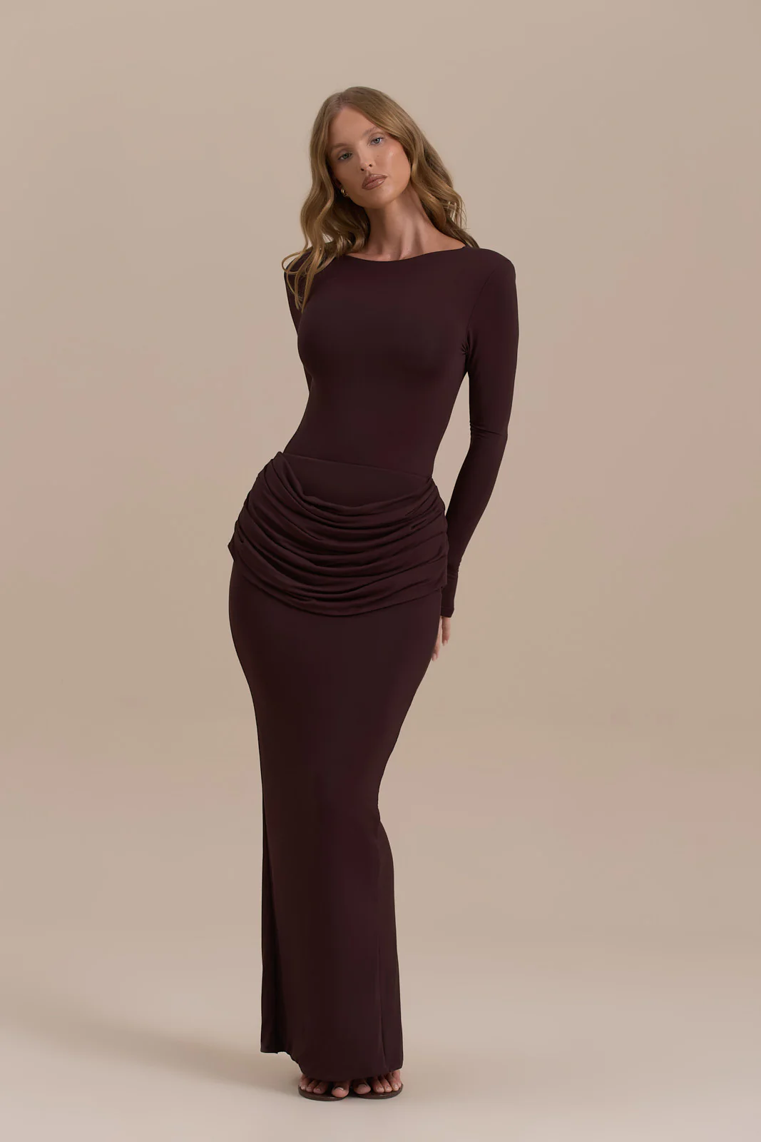 ASHTIN MAXI SKIRT WITH DRAPED RUCHED FRONT DETAIL | ESPRESSO - Image 4