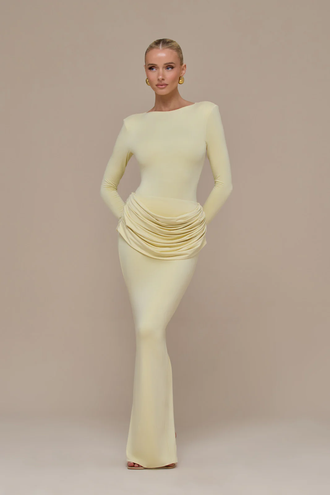 ASHTIN MAXI SKIRT WITH DRAPED RUCHED FRONT DETAIL | LEMON - Image 11