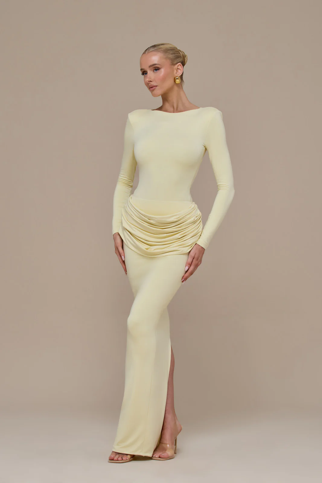 ASHTIN MAXI SKIRT WITH DRAPED RUCHED FRONT DETAIL | LEMON - Image 12