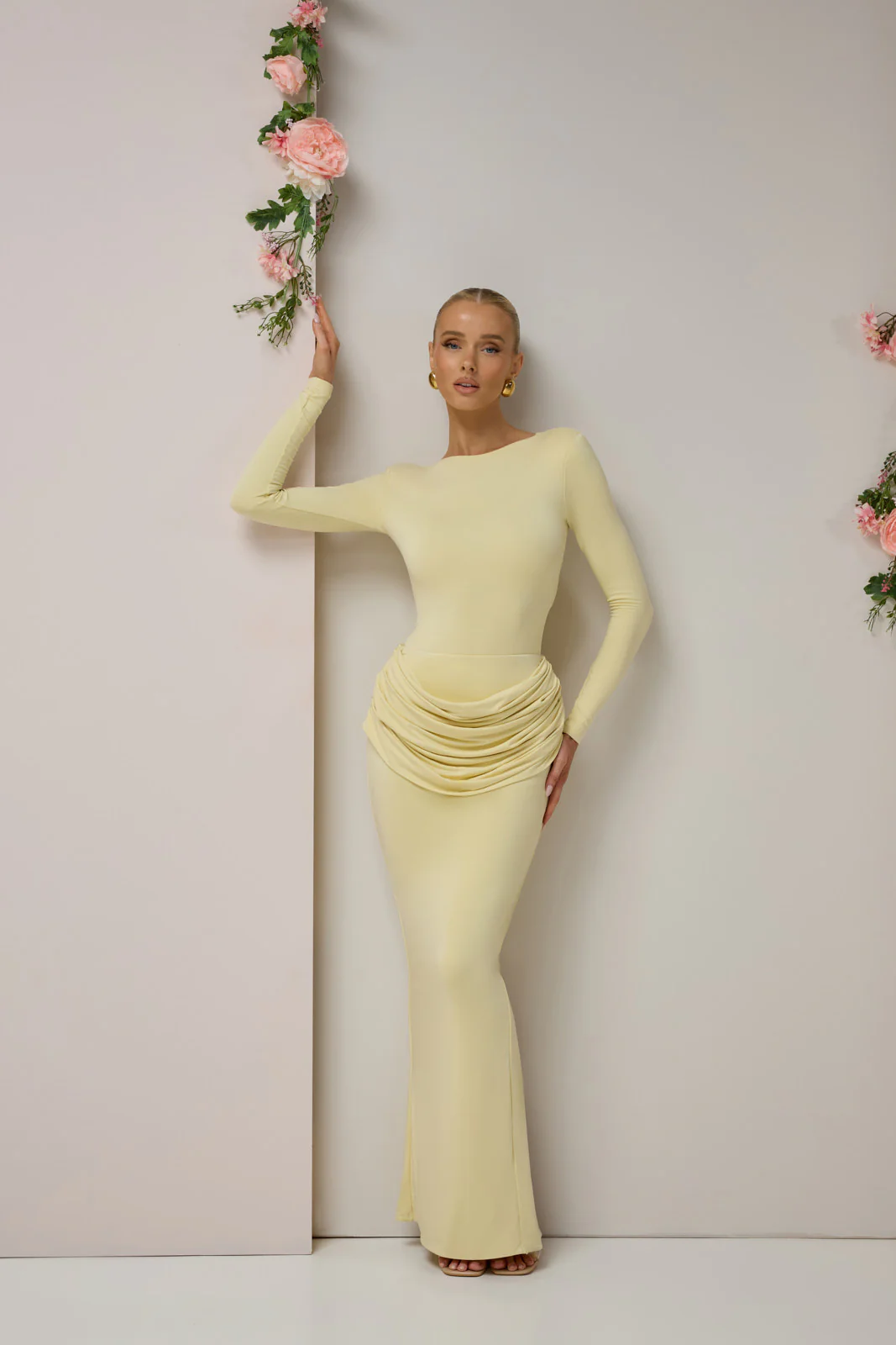 ASHTIN MAXI SKIRT WITH DRAPED RUCHED FRONT DETAIL | LEMON - Image 5