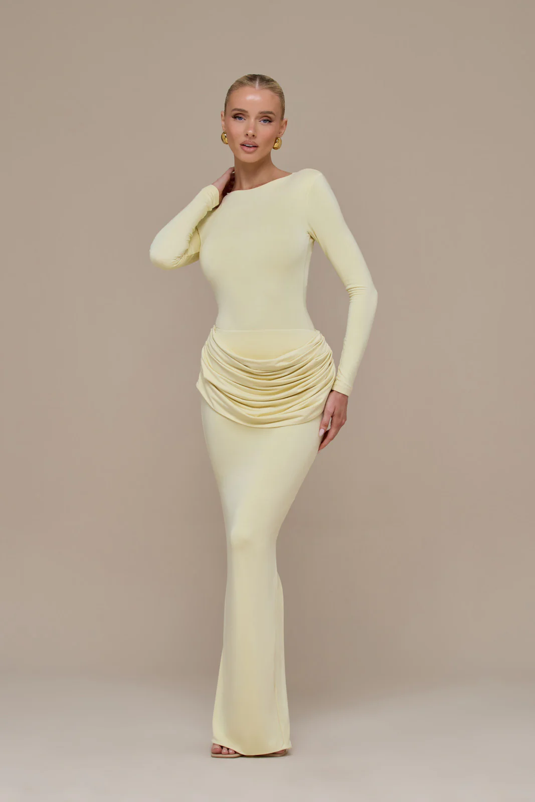 ASHTIN MAXI SKIRT WITH DRAPED RUCHED FRONT DETAIL | LEMON - Image 6