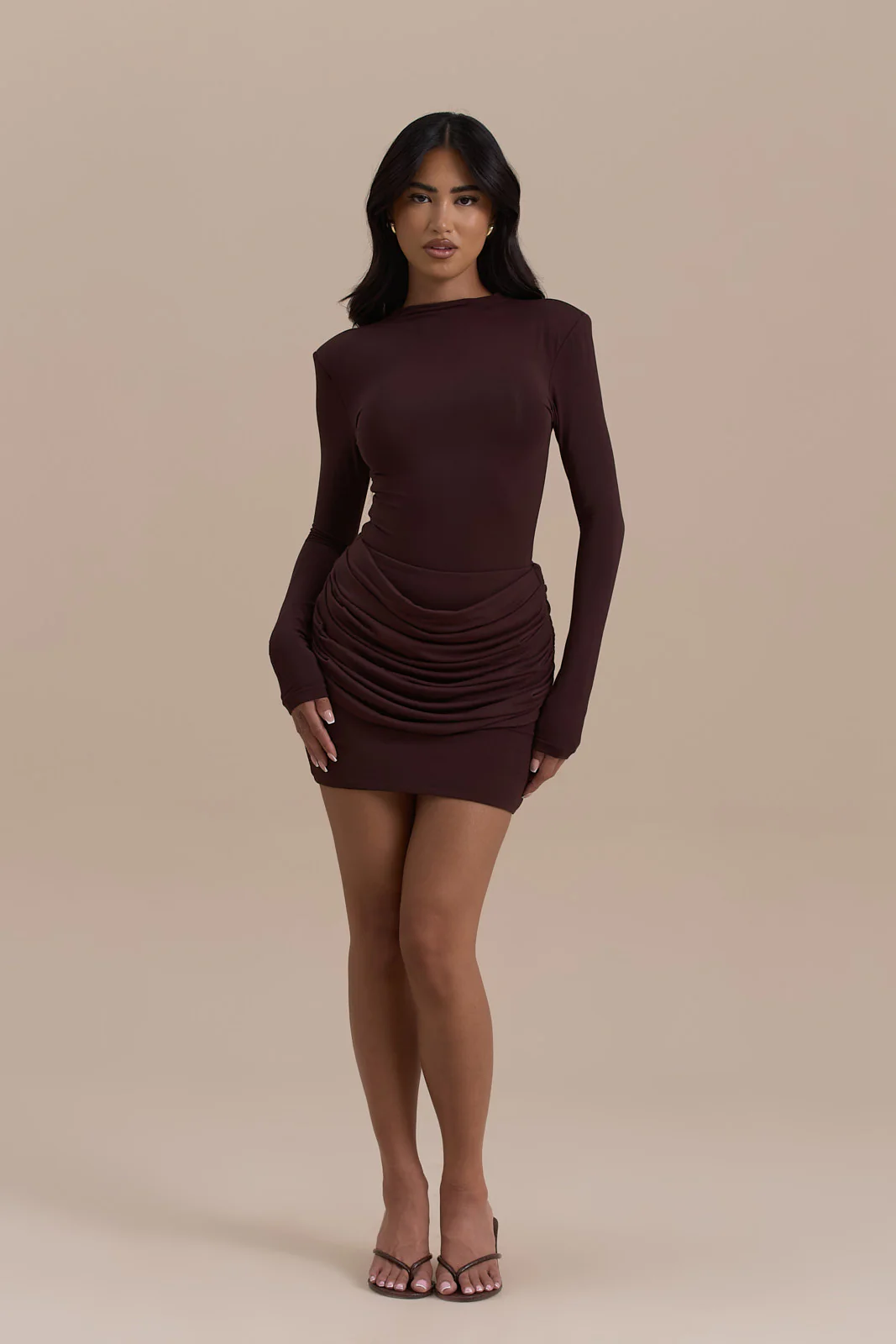 ASHTIN MINI SKIRT WITH DRAPED RUCHED FRONT DETAIL | ESPRESSO - Image 2