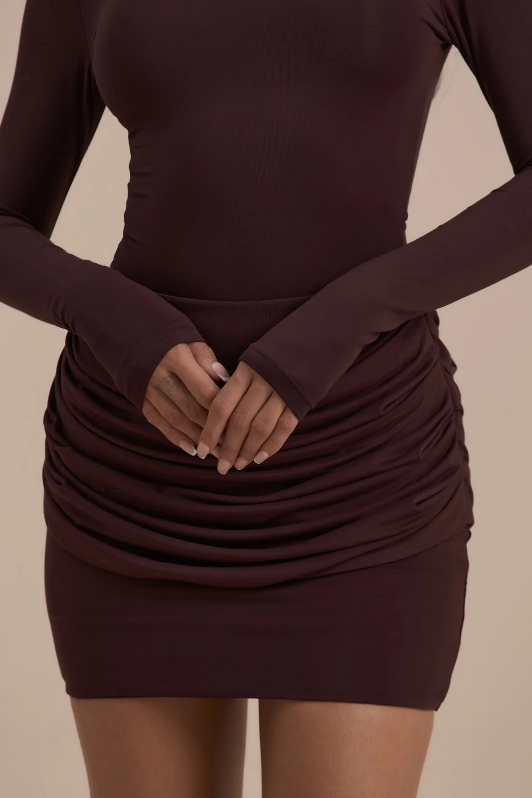 ASHTIN MINI SKIRT WITH DRAPED RUCHED FRONT DETAIL | ESPRESSO - Image 4