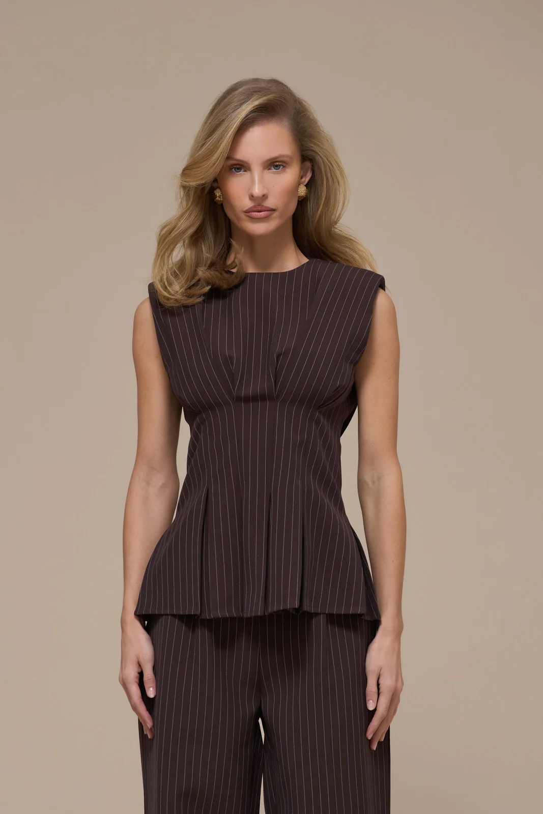 BLYTHE SLEEVELESS PINSTRIPE TOP | CHOCOLATE BROWN - Image 2
