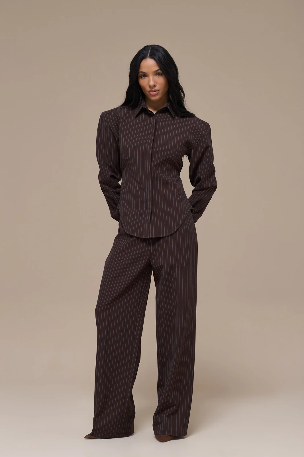 BLYTHE STRAIGHT LEG PINSTRIPE TROUSERS | CHOCOLATE BROWN