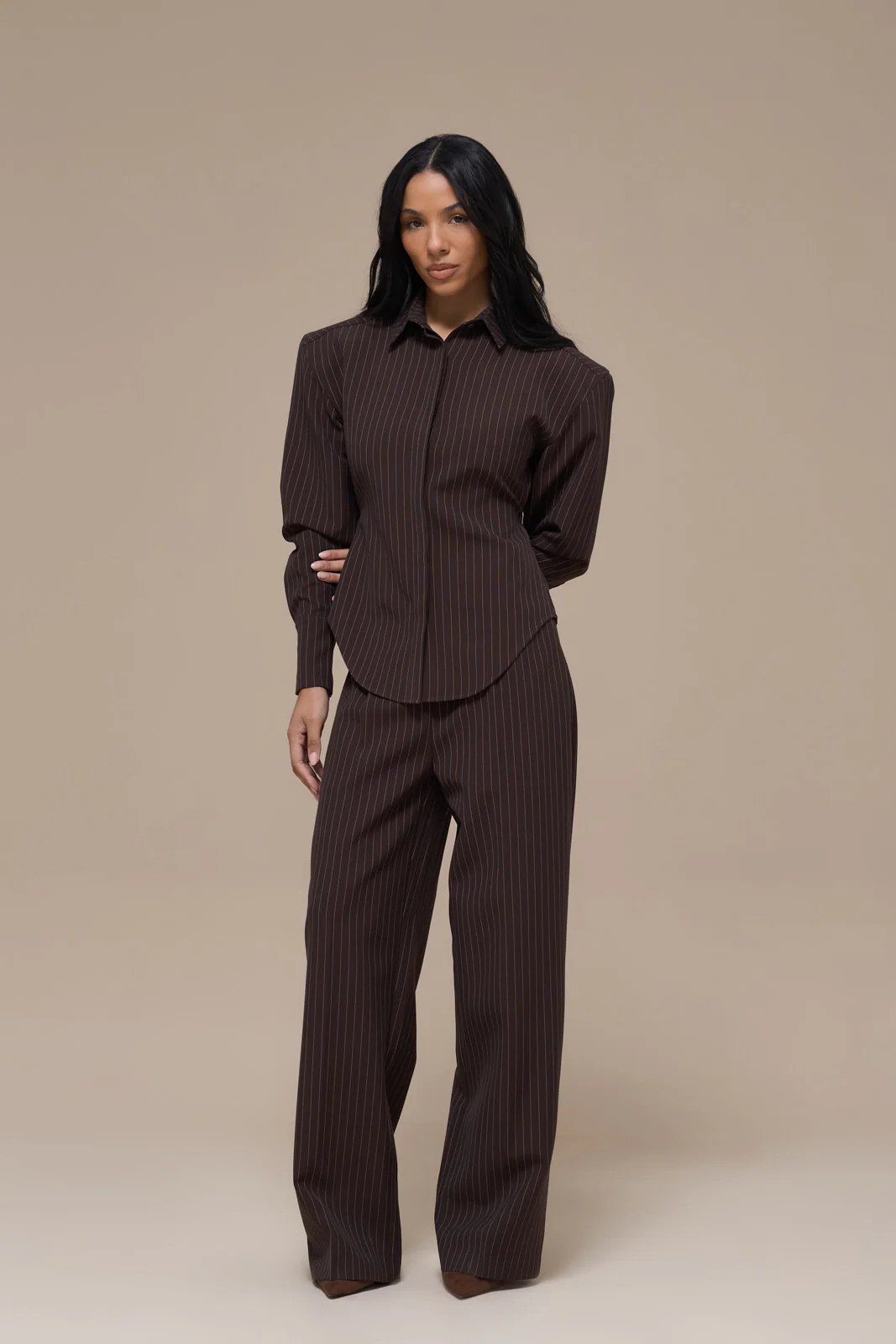 BLYTHE STRAIGHT LEG PINSTRIPE TROUSERS | CHOCOLATE BROWN - Image 10