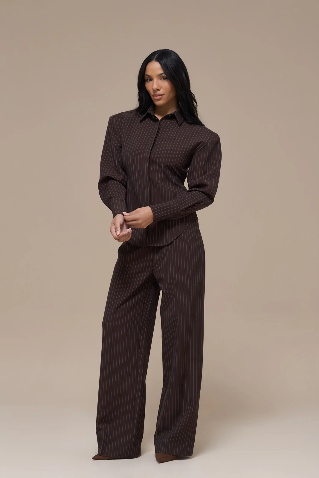 BLYTHE STRAIGHT LEG PINSTRIPE TROUSERS | CHOCOLATE BROWN - Image 11