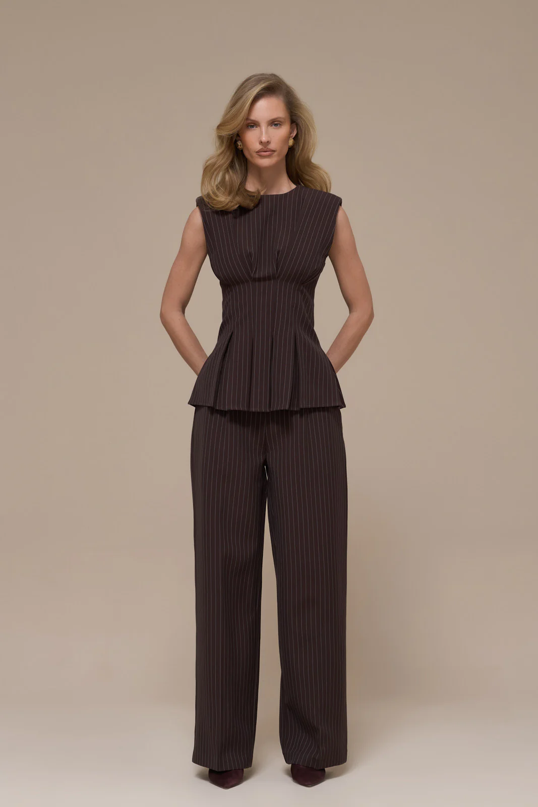 BLYTHE STRAIGHT LEG PINSTRIPE TROUSERS | CHOCOLATE BROWN - Image 12