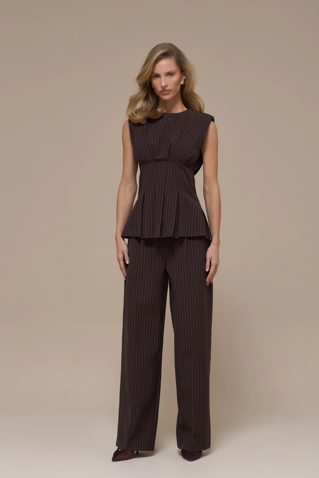 BLYTHE STRAIGHT LEG PINSTRIPE TROUSERS | CHOCOLATE BROWN - Image 14
