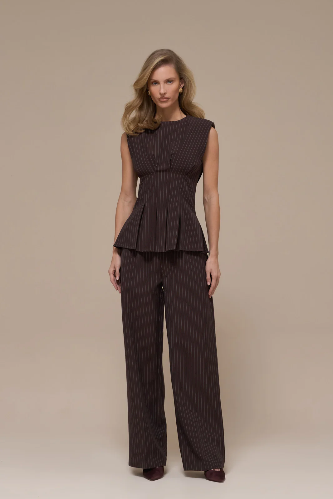 BLYTHE STRAIGHT LEG PINSTRIPE TROUSERS | CHOCOLATE BROWN - Image 15