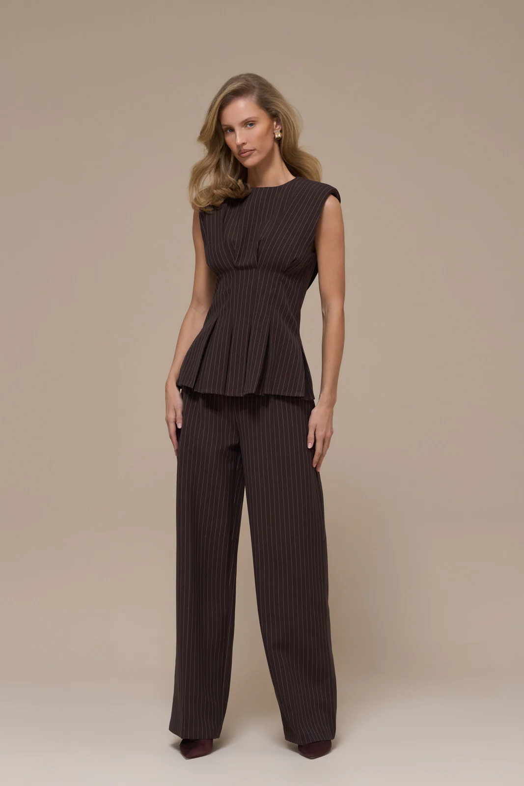 BLYTHE STRAIGHT LEG PINSTRIPE TROUSERS | CHOCOLATE BROWN - Image 2