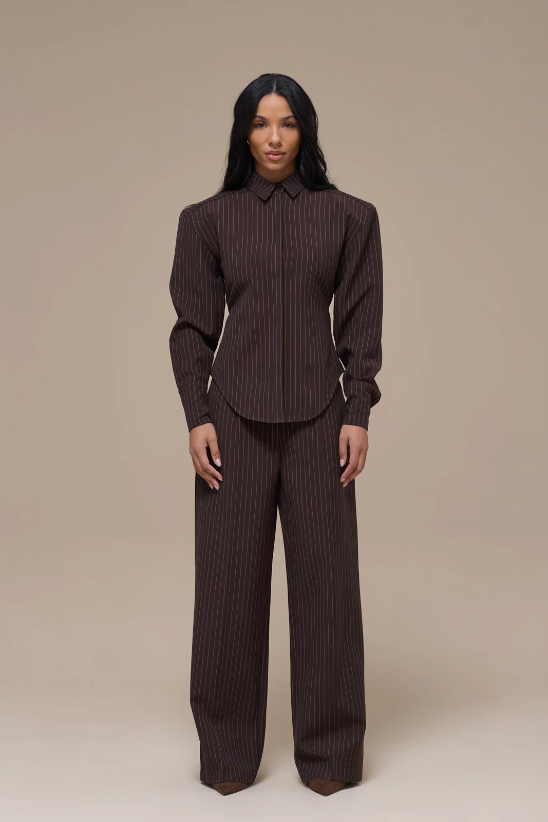 BLYTHE STRAIGHT LEG PINSTRIPE TROUSERS | CHOCOLATE BROWN - Image 4