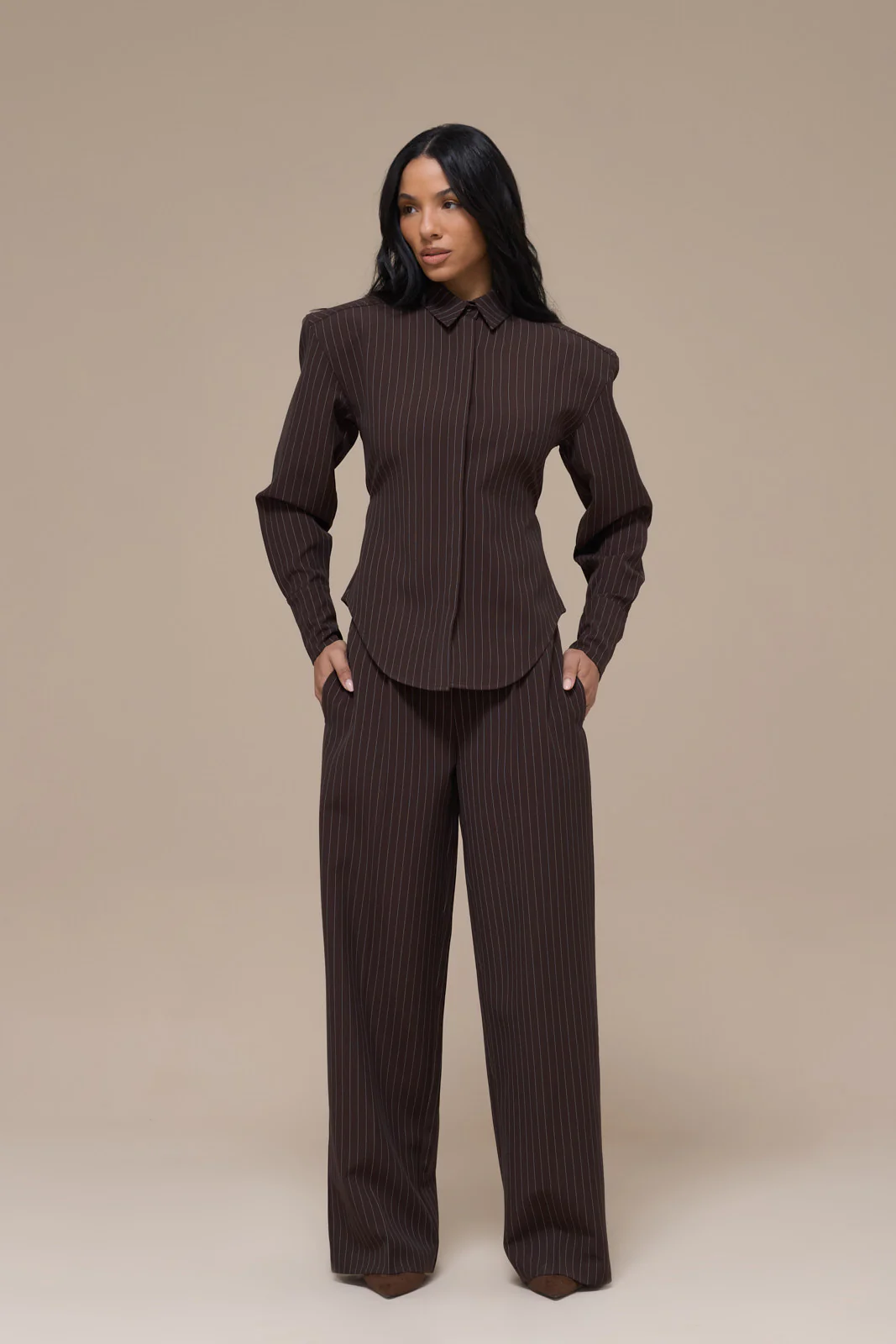 BLYTHE STRAIGHT LEG PINSTRIPE TROUSERS | CHOCOLATE BROWN - Image 7