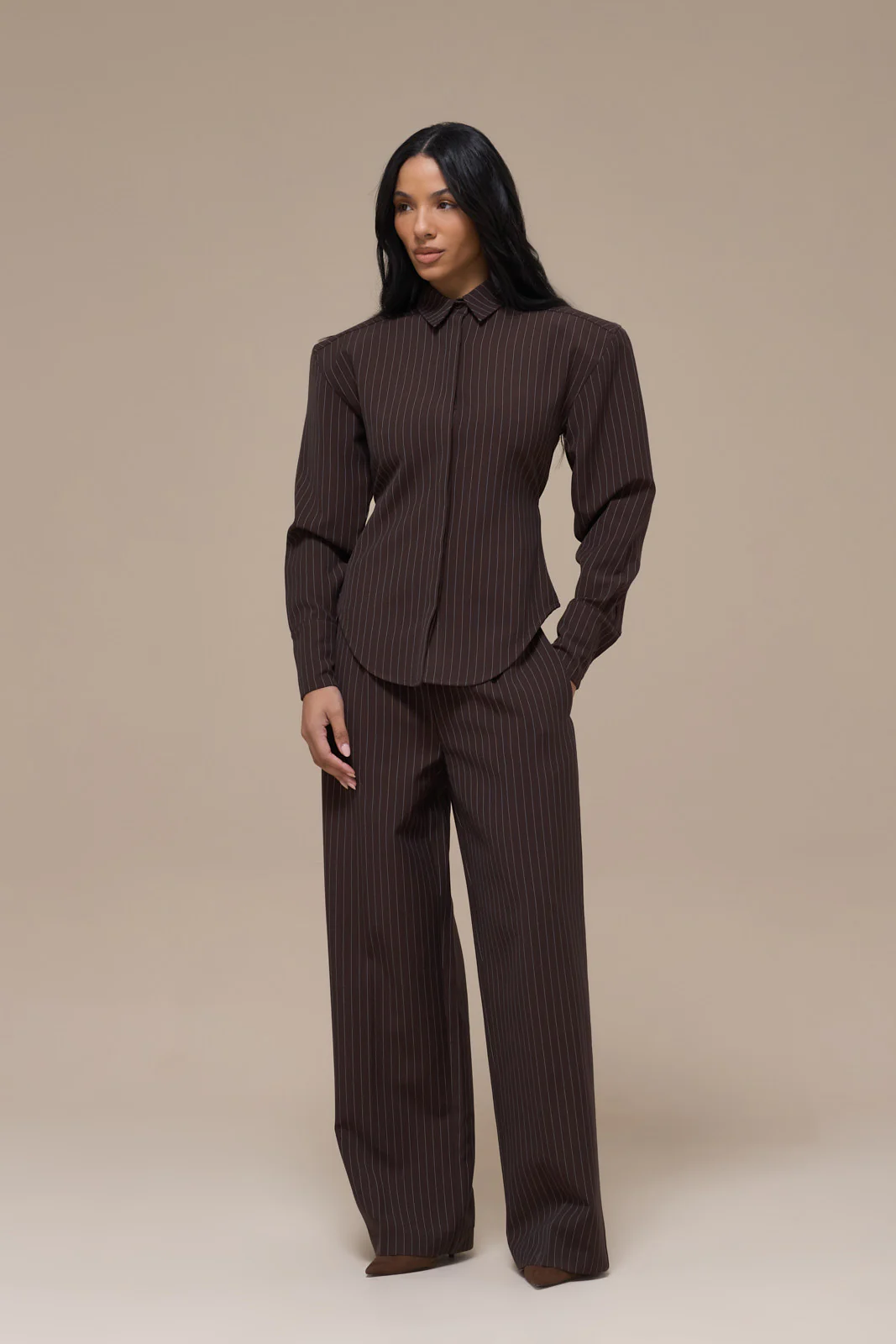 BLYTHE STRAIGHT LEG PINSTRIPE TROUSERS | CHOCOLATE BROWN - Image 8