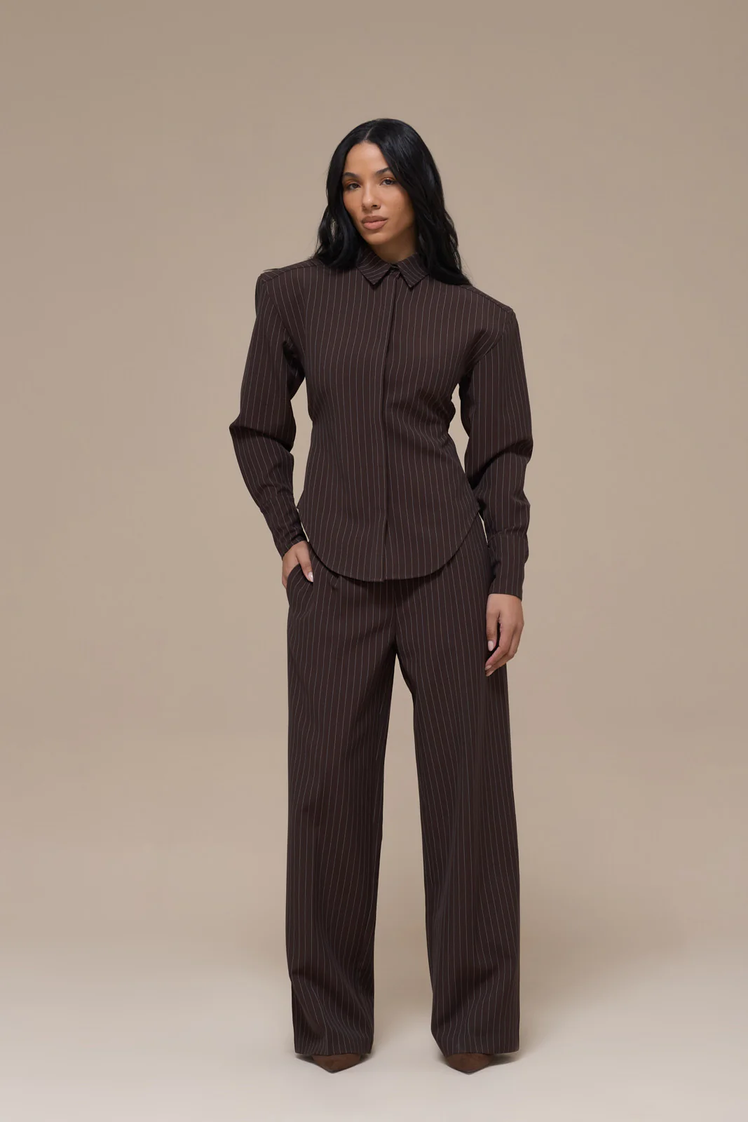 BLYTHE STRAIGHT LEG PINSTRIPE TROUSERS | CHOCOLATE BROWN - Image 9
