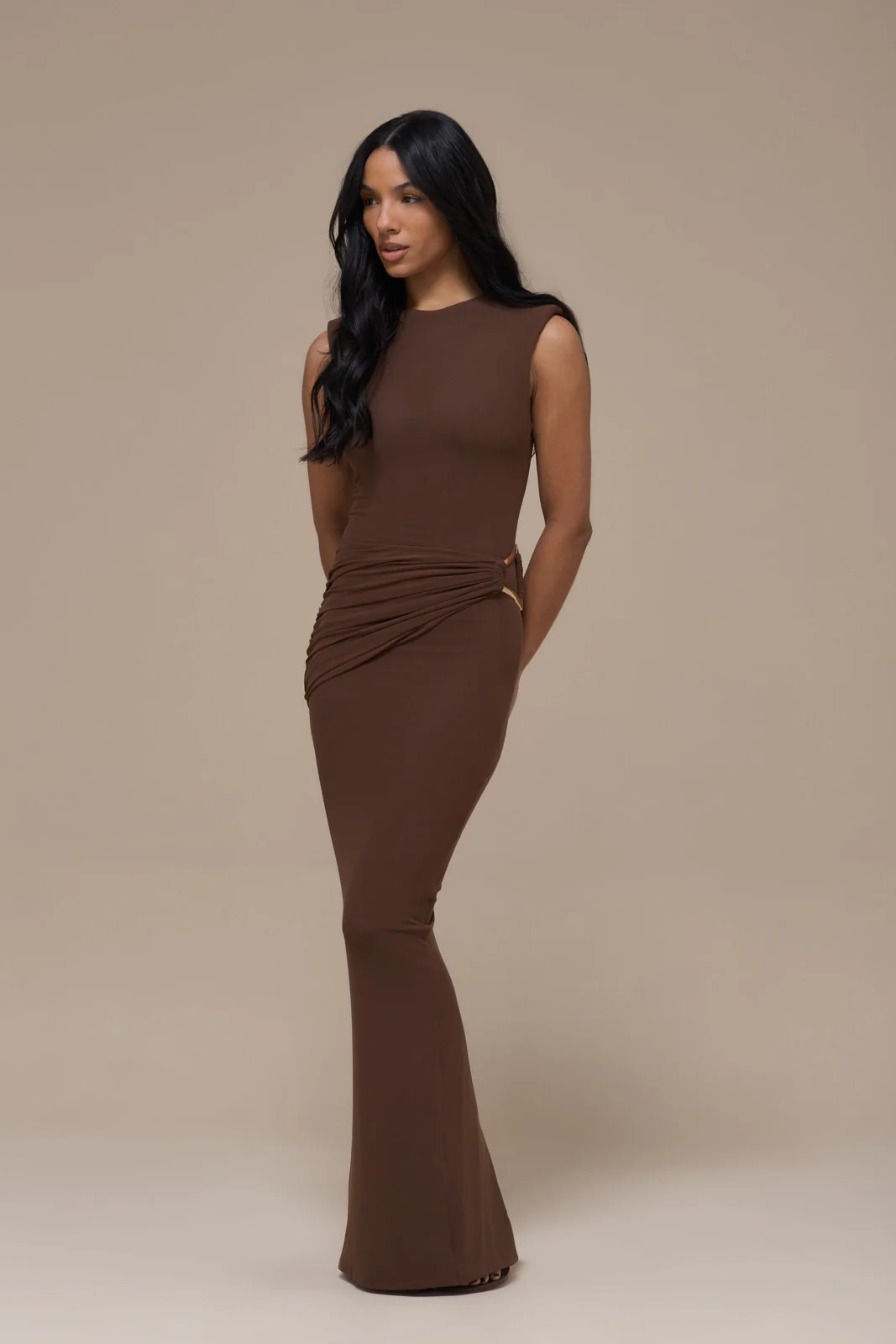 BRONTE SLEEVELESS MAXI DRESS WITH GOLD BUCKLE DETAIL | CHOCOLATE BROWN - Image 3