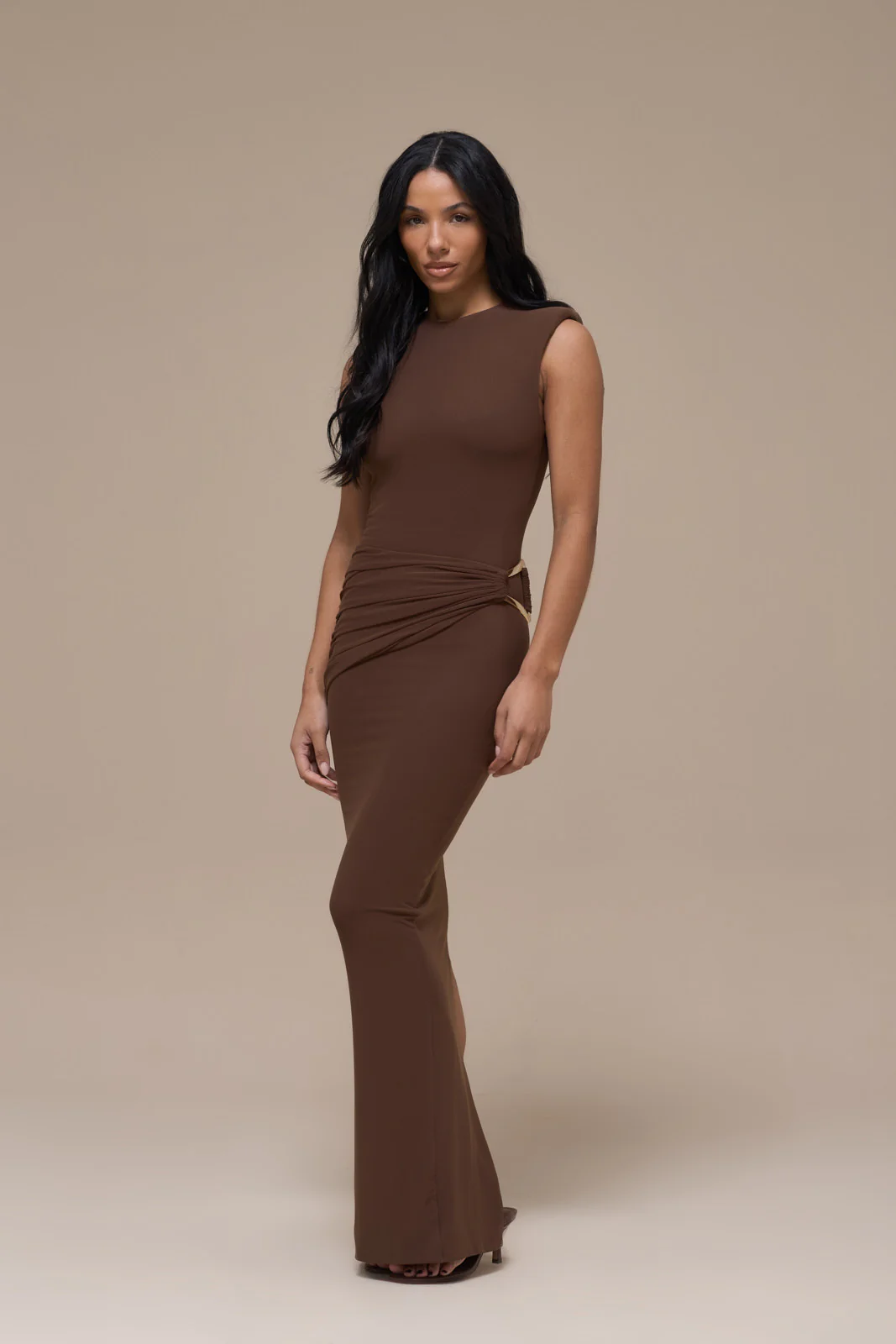 BRONTE SLEEVELESS MAXI DRESS WITH GOLD BUCKLE DETAIL | CHOCOLATE BROWN - Image 5