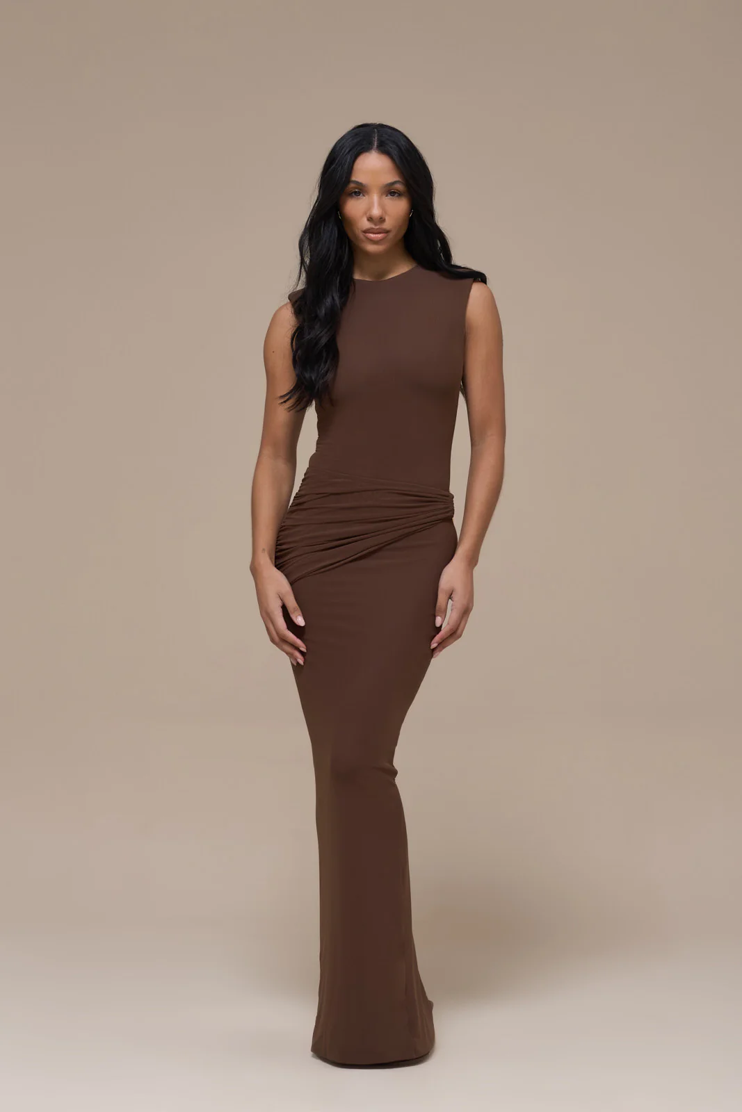 BRONTE SLEEVELESS MAXI DRESS WITH GOLD BUCKLE DETAIL | CHOCOLATE BROWN - Image 6