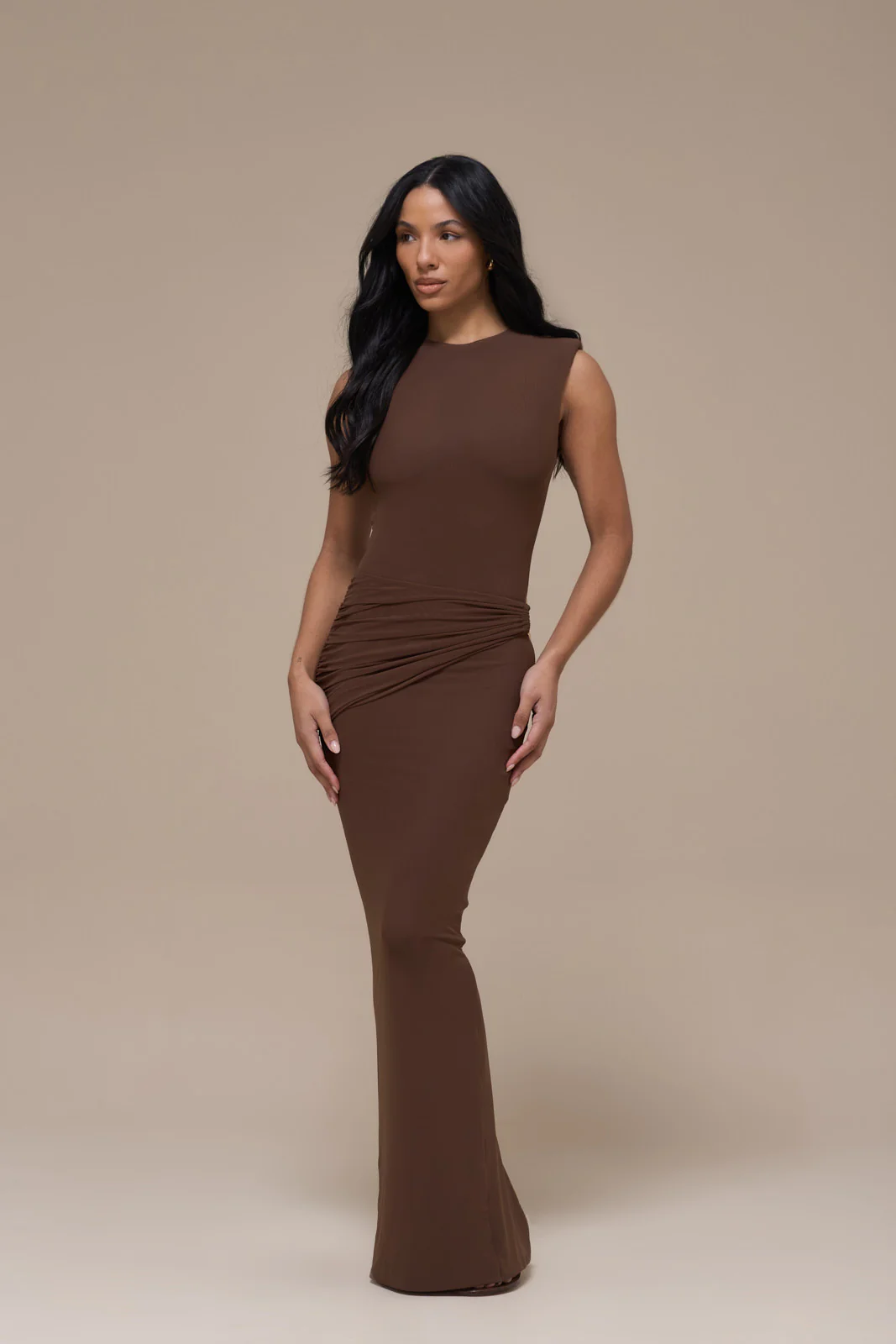 BRONTE SLEEVELESS MAXI DRESS WITH GOLD BUCKLE DETAIL | CHOCOLATE BROWN - Image 7