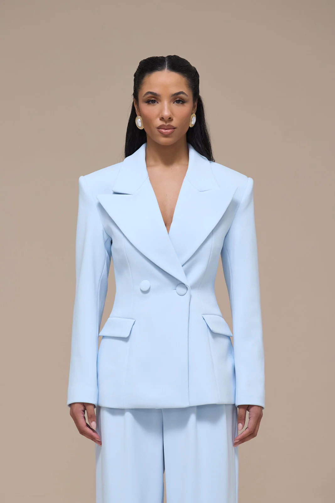 CHARLOTTE DOUBLE BREASTED PADDED SUITING JACKET | BABY BLUE - Image 4