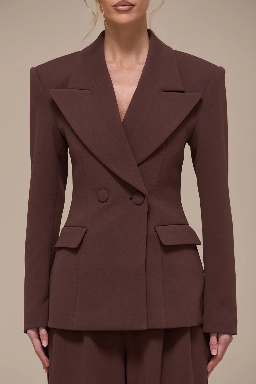 CHARLOTTE DOUBLE BREASTED PADDED SUITING JACKET | CHOCOLATE - Image 5