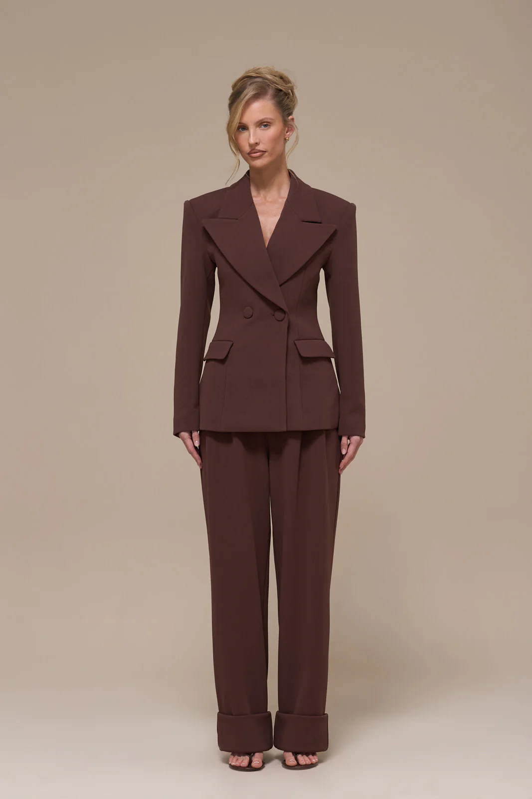 CHARLOTTE HIGH WAIST PLEATED SUITING TROUSERS WITH ADJUSTABLE WAIST | CHOCOLATE - Image 8