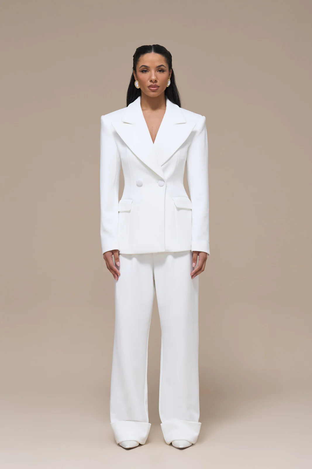 CHARLOTTE HIGH WAIST PLEATED SUITING TROUSERS WITH ADJUSTABLE WAIST | WHITE - Image 3