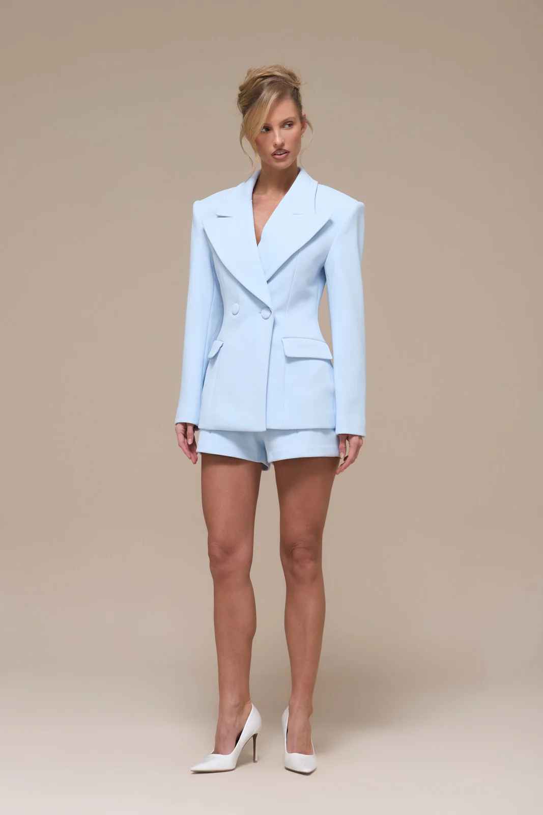 CHARLOTTE MID WAIST SUITING MINI SHORTS WITH ADJUSTABLE WAIST | BABY BLUE - Image 4