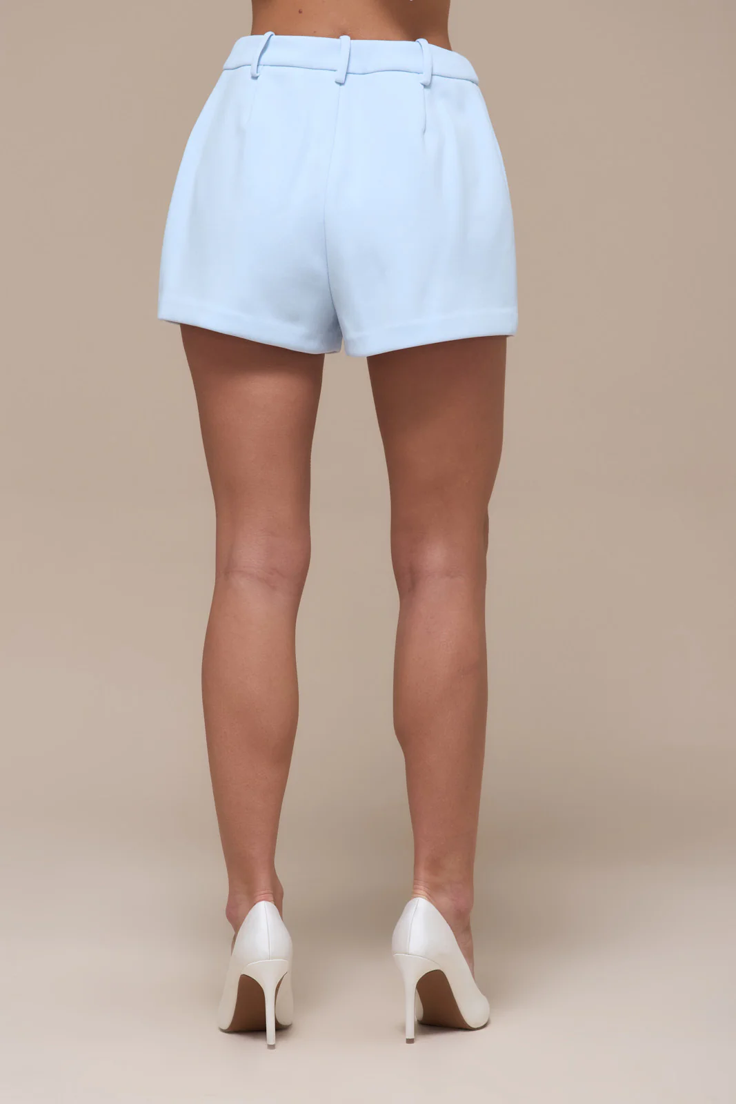 CHARLOTTE MID WAIST SUITING MINI SHORTS WITH ADJUSTABLE WAIST | BABY BLUE - Image 5
