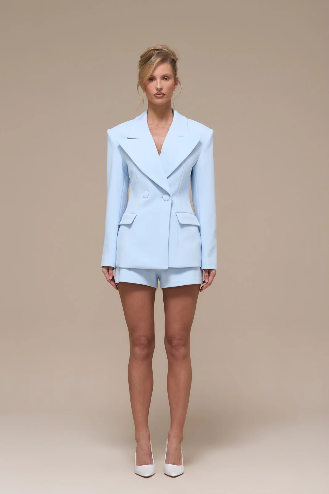 CHARLOTTE MID WAIST SUITING MINI SHORTS WITH ADJUSTABLE WAIST | BABY BLUE - Image 6