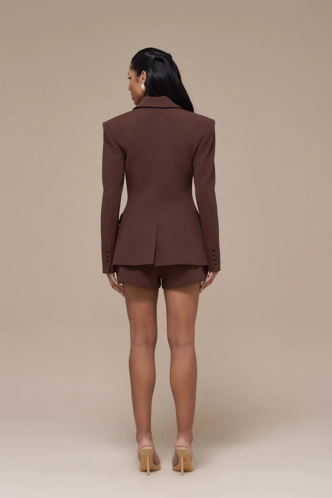 CHARLOTTE MID WAIST SUITING MINI SHORTS WITH ADJUSTABLE WAIST | CHOCOLATE - Image 2