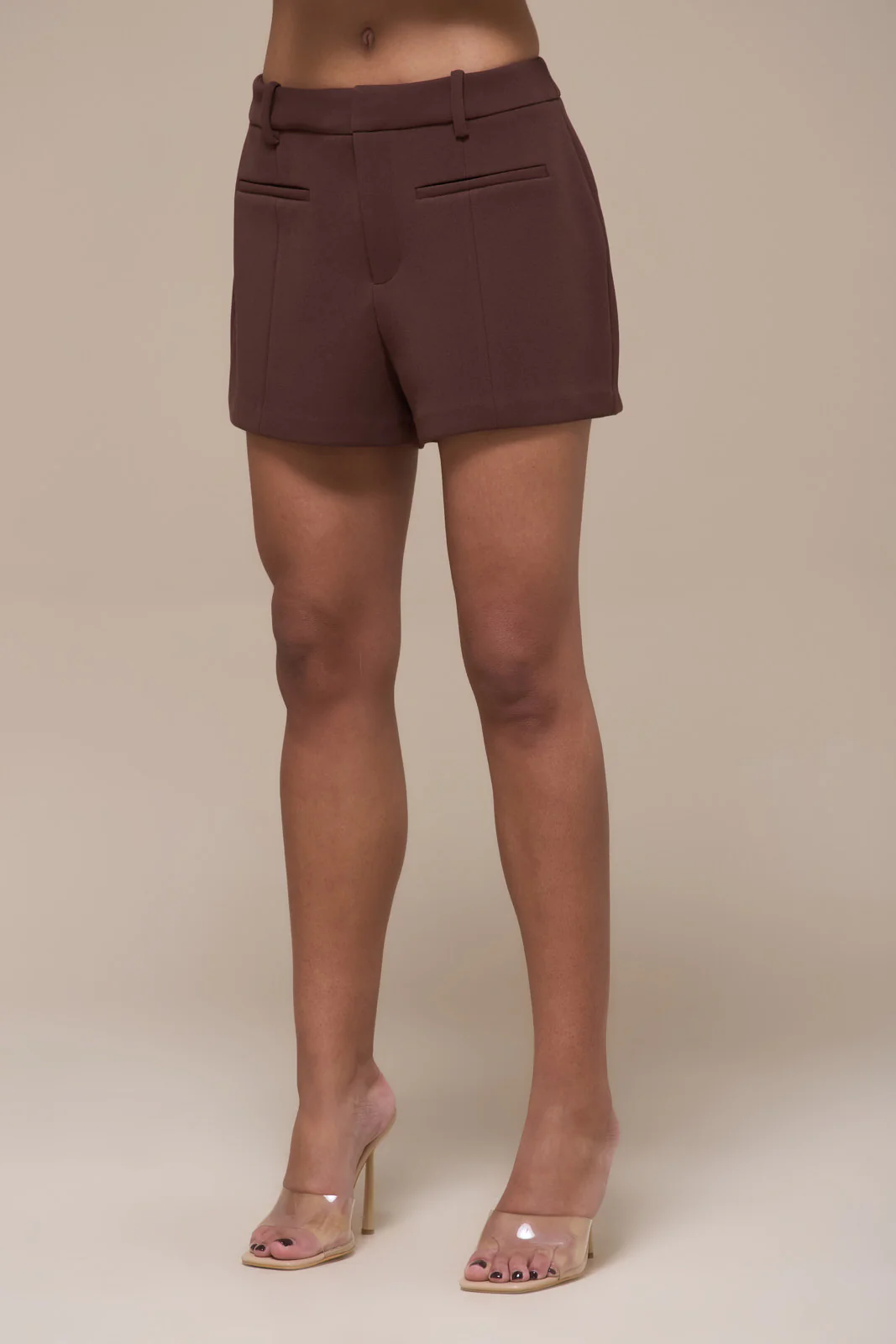 CHARLOTTE MID WAIST SUITING MINI SHORTS WITH ADJUSTABLE WAIST | CHOCOLATE - Image 3