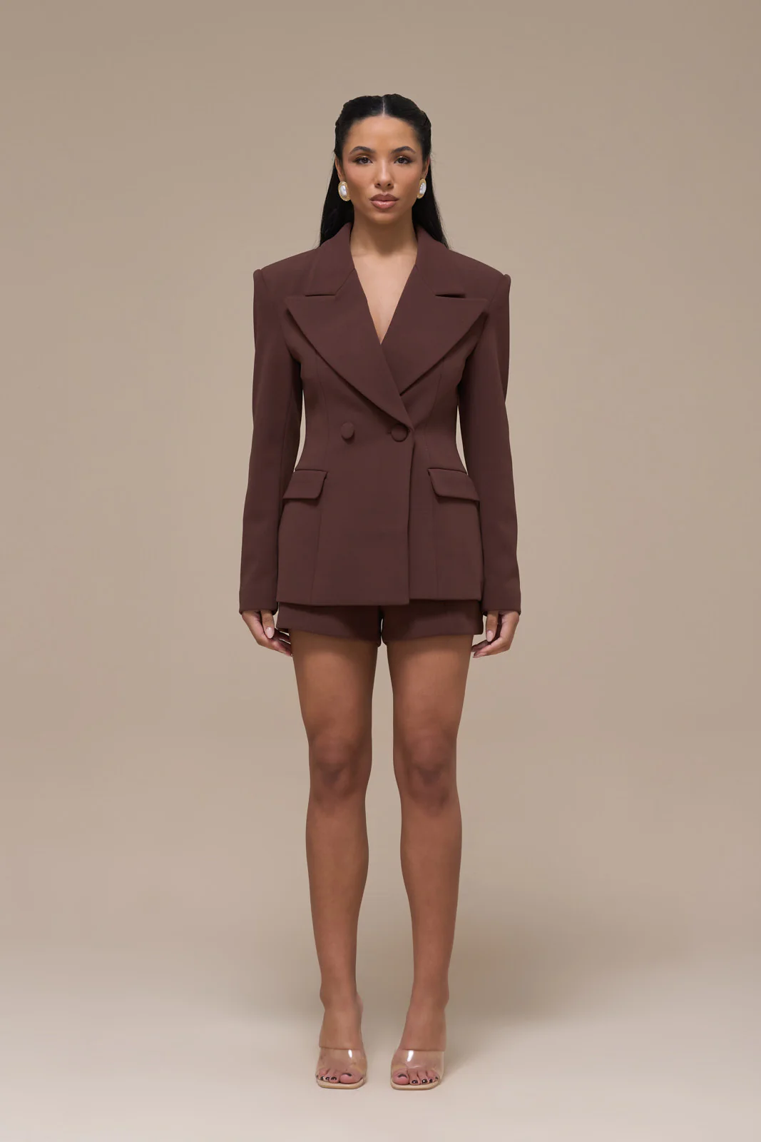 CHARLOTTE MID WAIST SUITING MINI SHORTS WITH ADJUSTABLE WAIST | CHOCOLATE - Image 5
