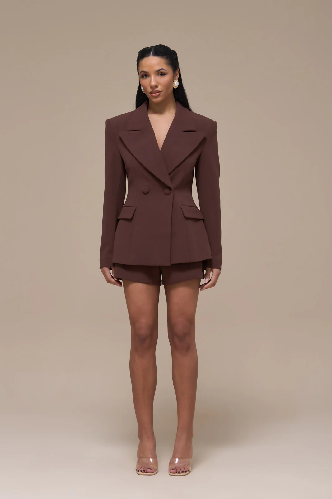 CHARLOTTE MID WAIST SUITING MINI SHORTS WITH ADJUSTABLE WAIST | CHOCOLATE - Image 7