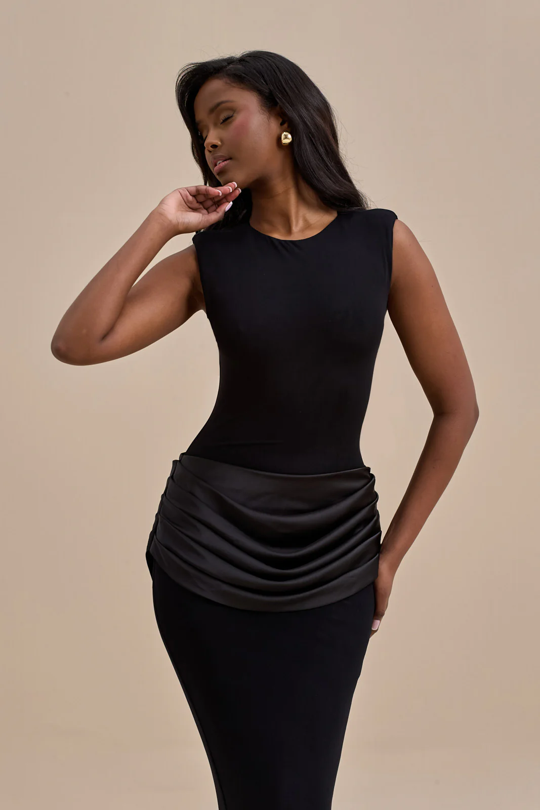 EMAN SLEEVELESS MAXI DRESS WITH SATIN DRAPED WAIST DETAIL | BLACK - Image 13