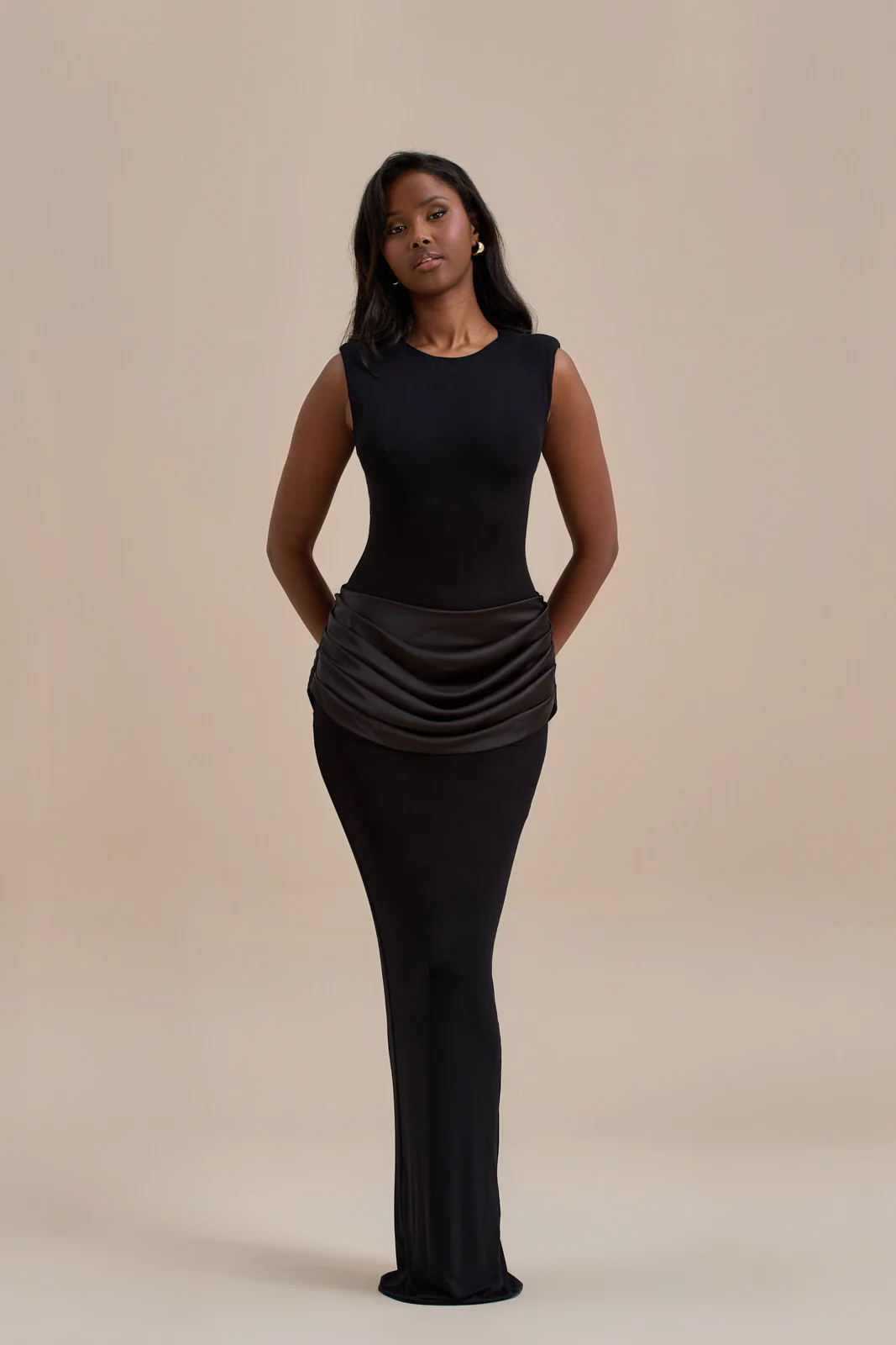 EMAN SLEEVELESS MAXI DRESS WITH SATIN DRAPED WAIST DETAIL | BLACK - Image 14
