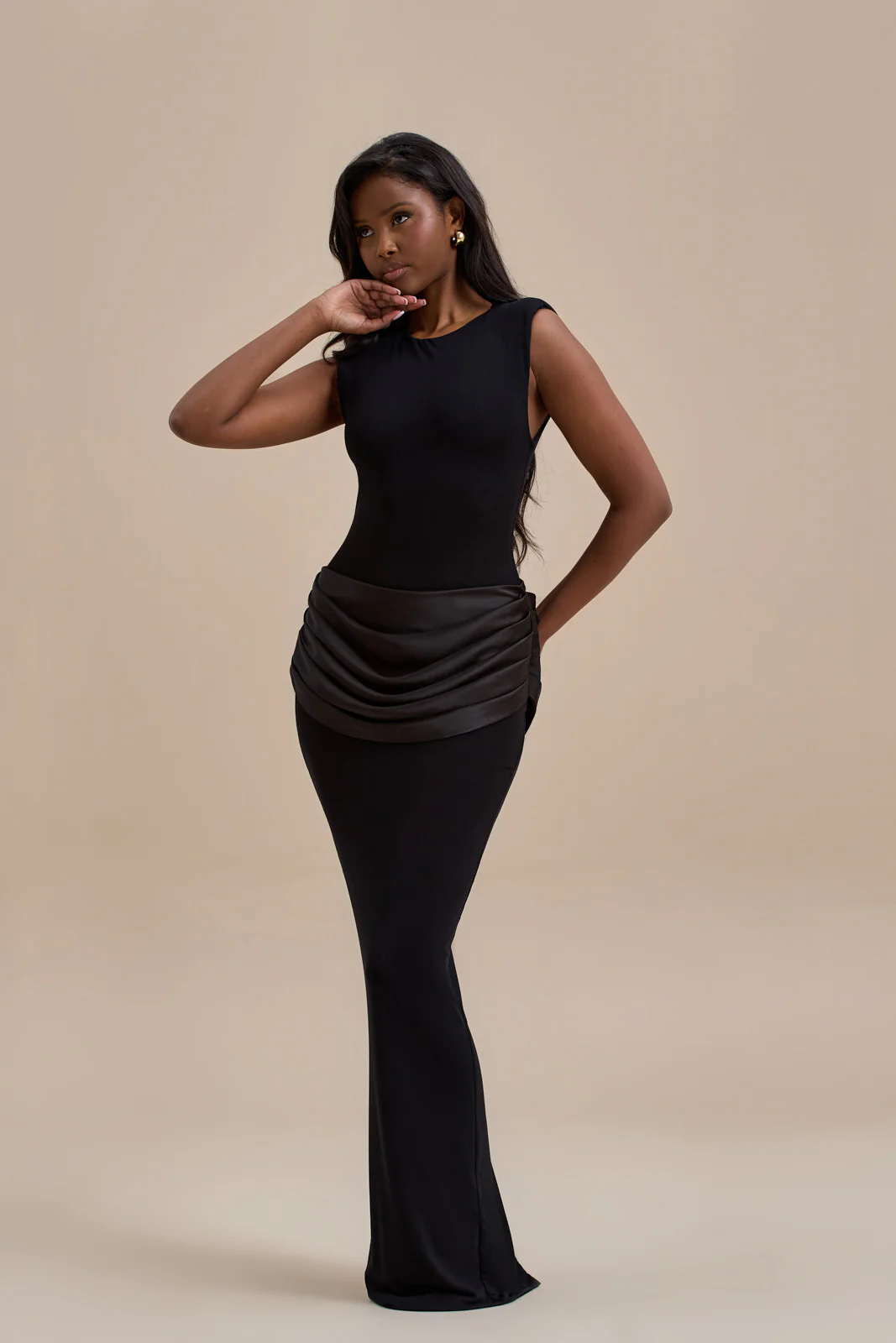 EMAN SLEEVELESS MAXI DRESS WITH SATIN DRAPED WAIST DETAIL | BLACK - Image 16