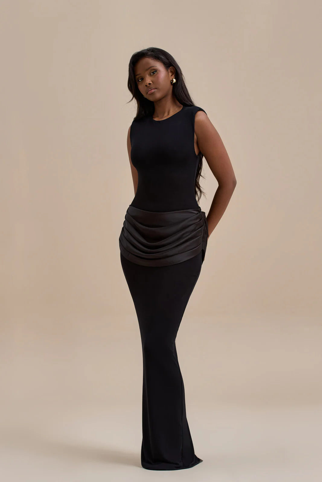 EMAN SLEEVELESS MAXI DRESS WITH SATIN DRAPED WAIST DETAIL | BLACK - Image 19