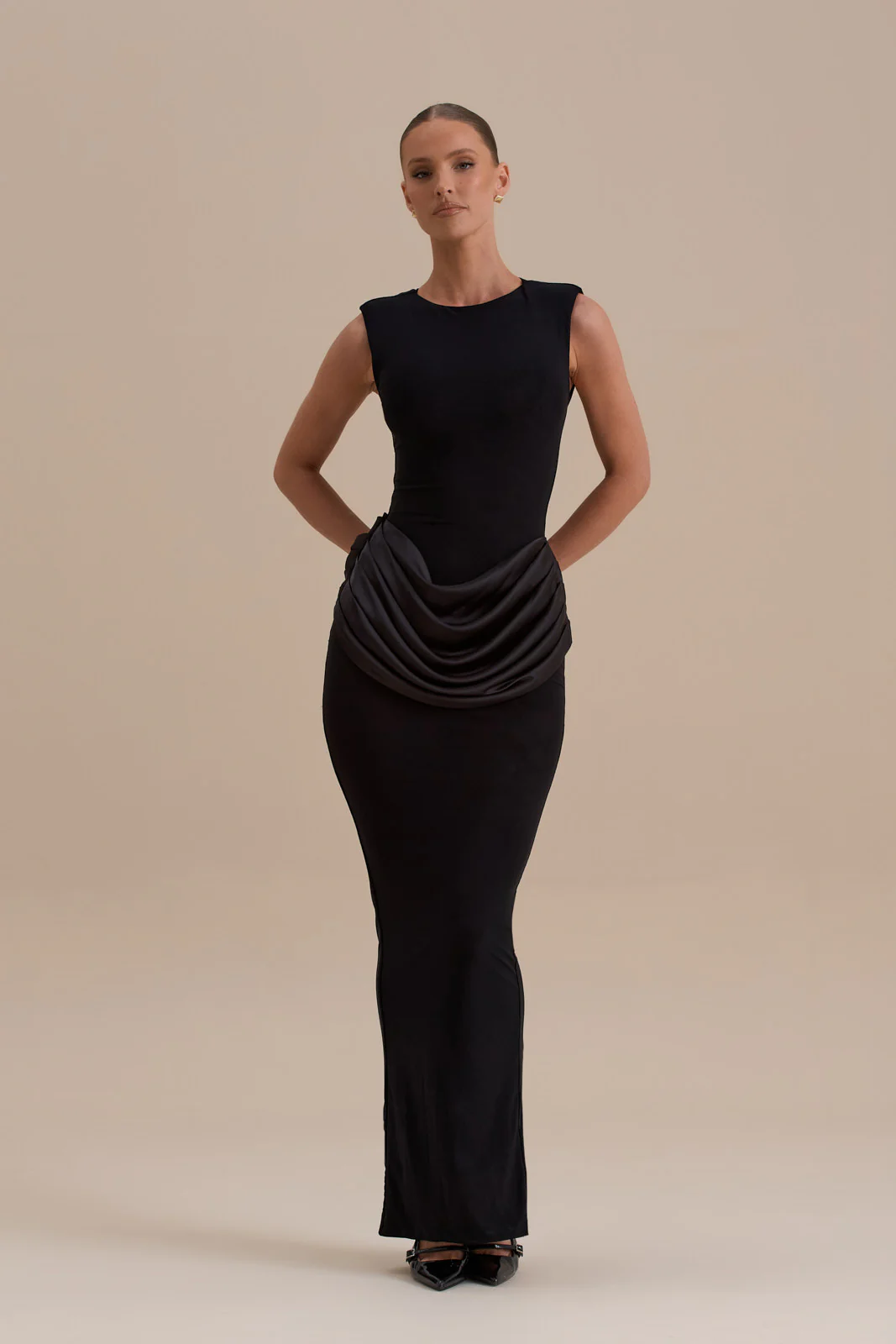 EMAN SLEEVELESS MAXI DRESS WITH SATIN DRAPED WAIST DETAIL | BLACK - Image 3