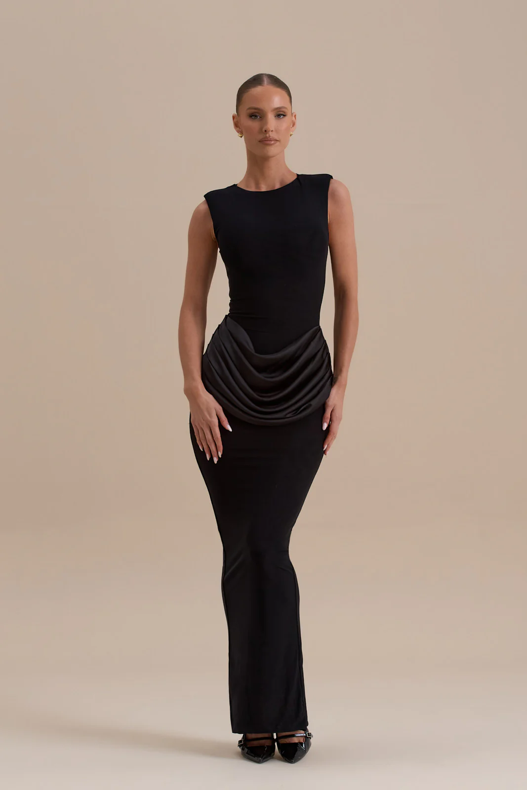 EMAN SLEEVELESS MAXI DRESS WITH SATIN DRAPED WAIST DETAIL | BLACK - Image 4