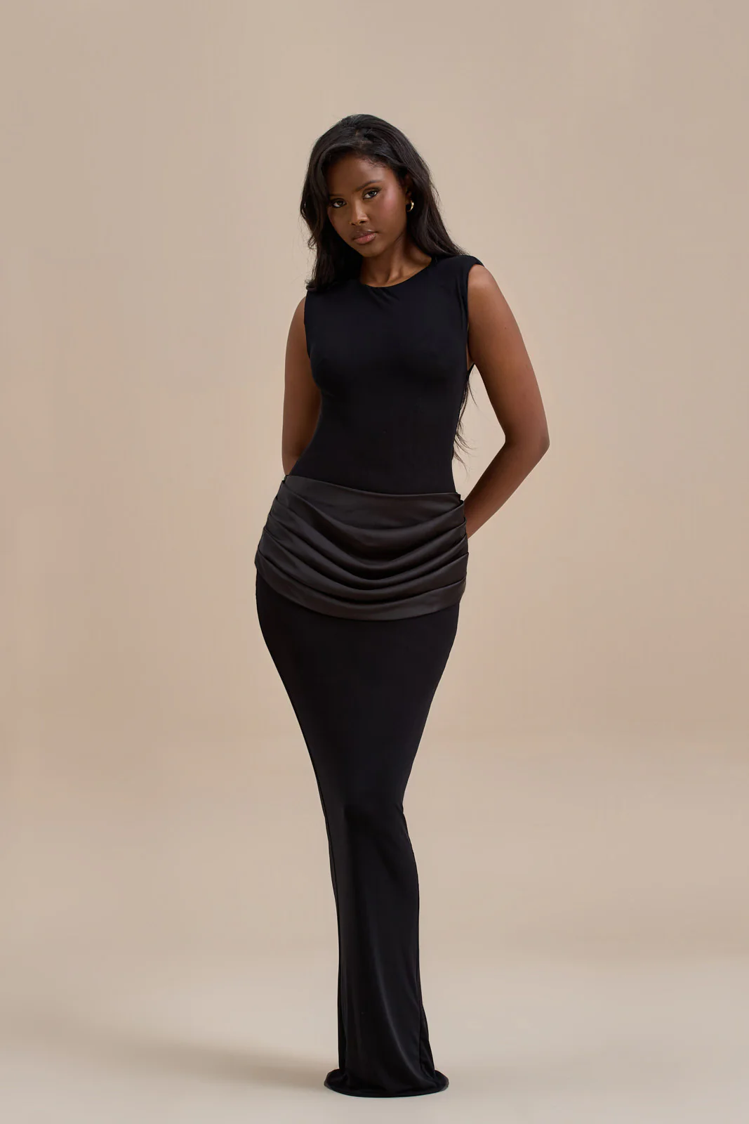EMAN SLEEVELESS MAXI DRESS WITH SATIN DRAPED WAIST DETAIL | BLACK - Image 5